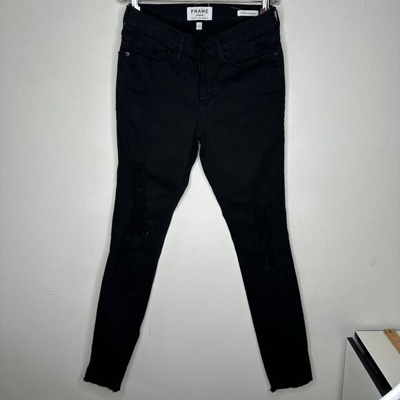 Frame Jet Black Denim Le Skinny de Jeanne Distressed Jean Mid-Rise Raw Hem 27 - Picture 2 of 15